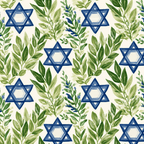 Elegant Hanukkah botanical pattern featuring watercolor blue Stars of David and green leaves on cream.