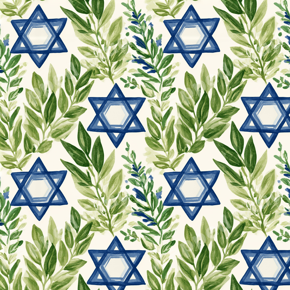 Elegant Hanukkah botanical pattern featuring watercolor blue Stars of David and green leaves on cream.