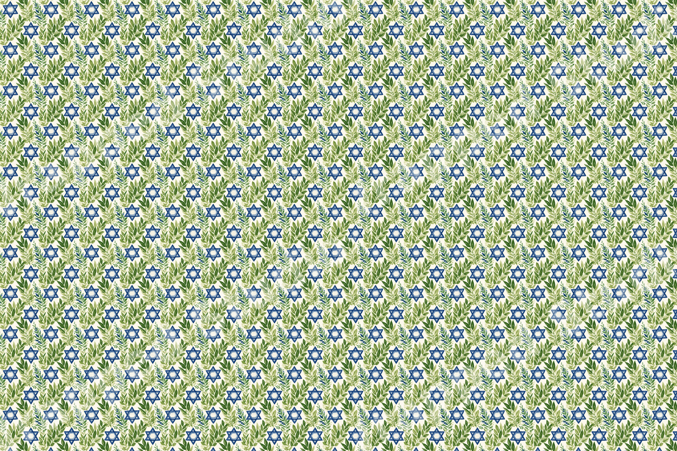 Watercolor blue Star of David and green olive branch botanical pattern for Hanukkah.