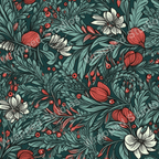Vintage botanical pattern with red berries, white blossoms, and teal leaves on a dark green background.