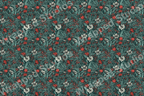 Vintage botanical pattern with red berries, white blossoms, and deep teal foliage for an elegant, natural aesthetic.