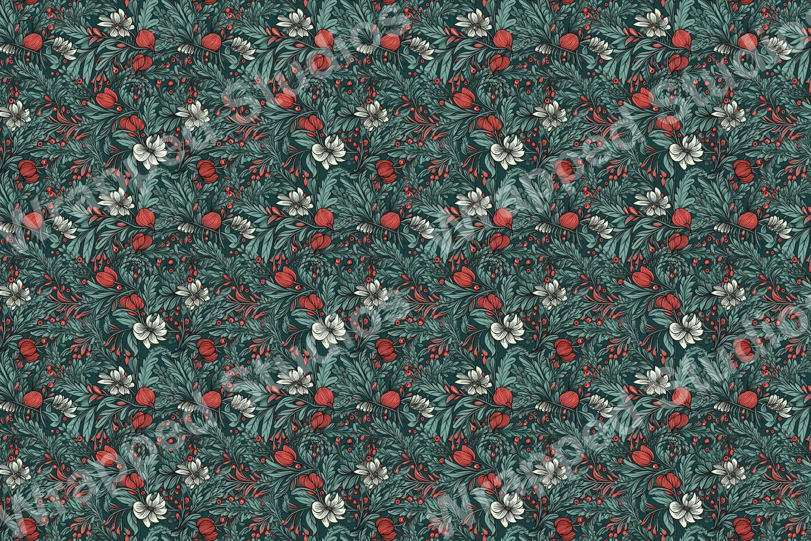 Vintage botanical pattern with red berries, white blossoms, and deep teal foliage for an elegant, natural aesthetic.