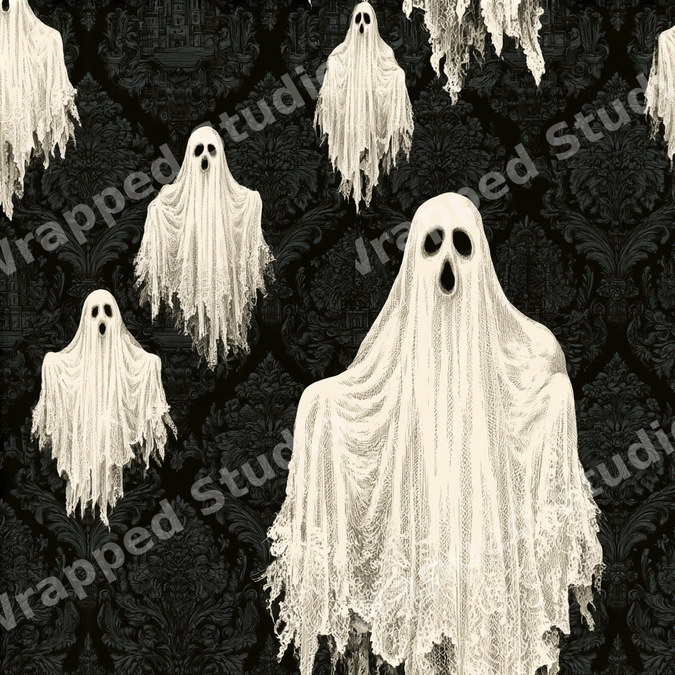 Vintage gothic pattern featuring spooky white ghosts floating over a black ornate damask background.