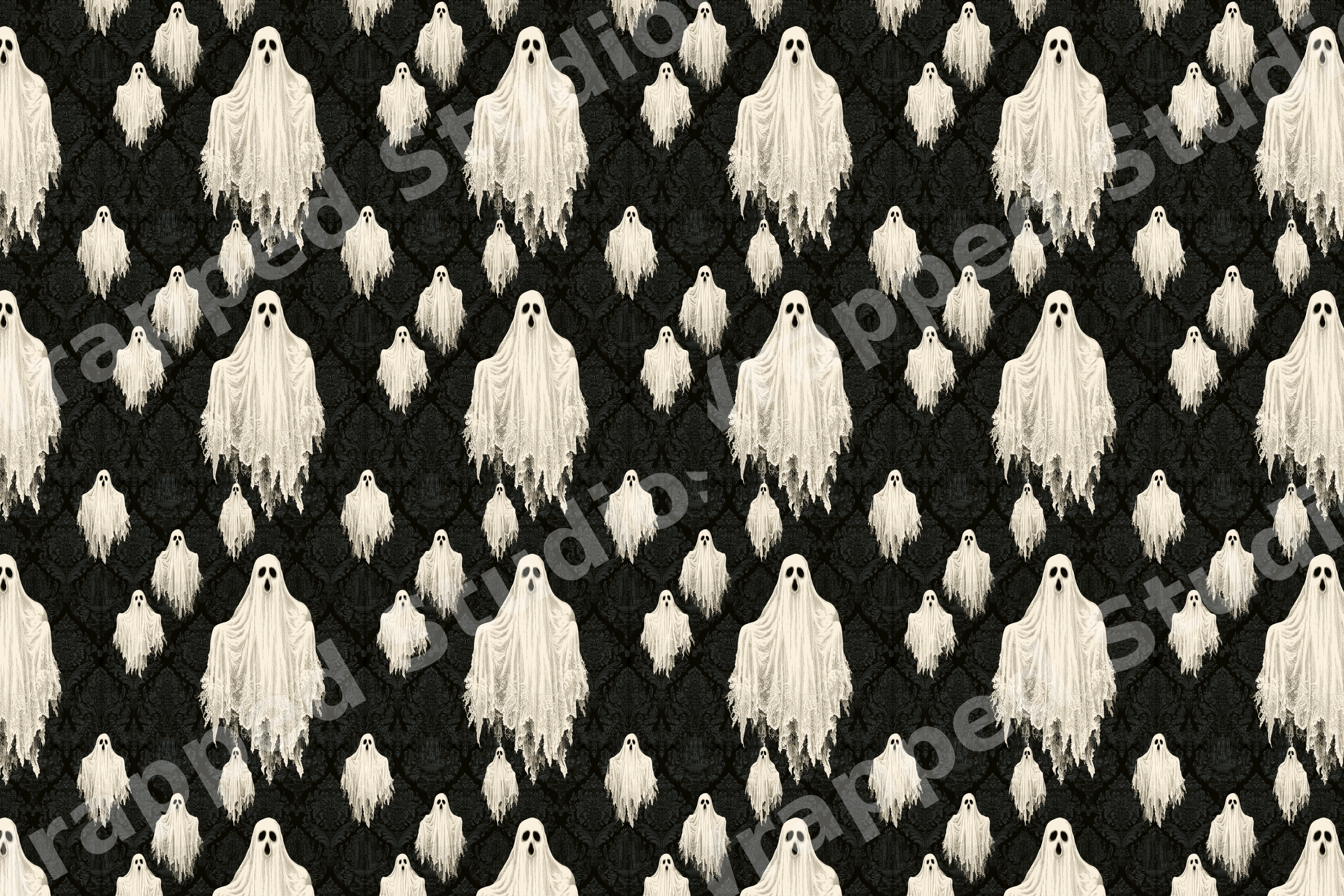 Spooky vintage ghost pattern featuring cream tattered ghosts on a black gothic damask texture.