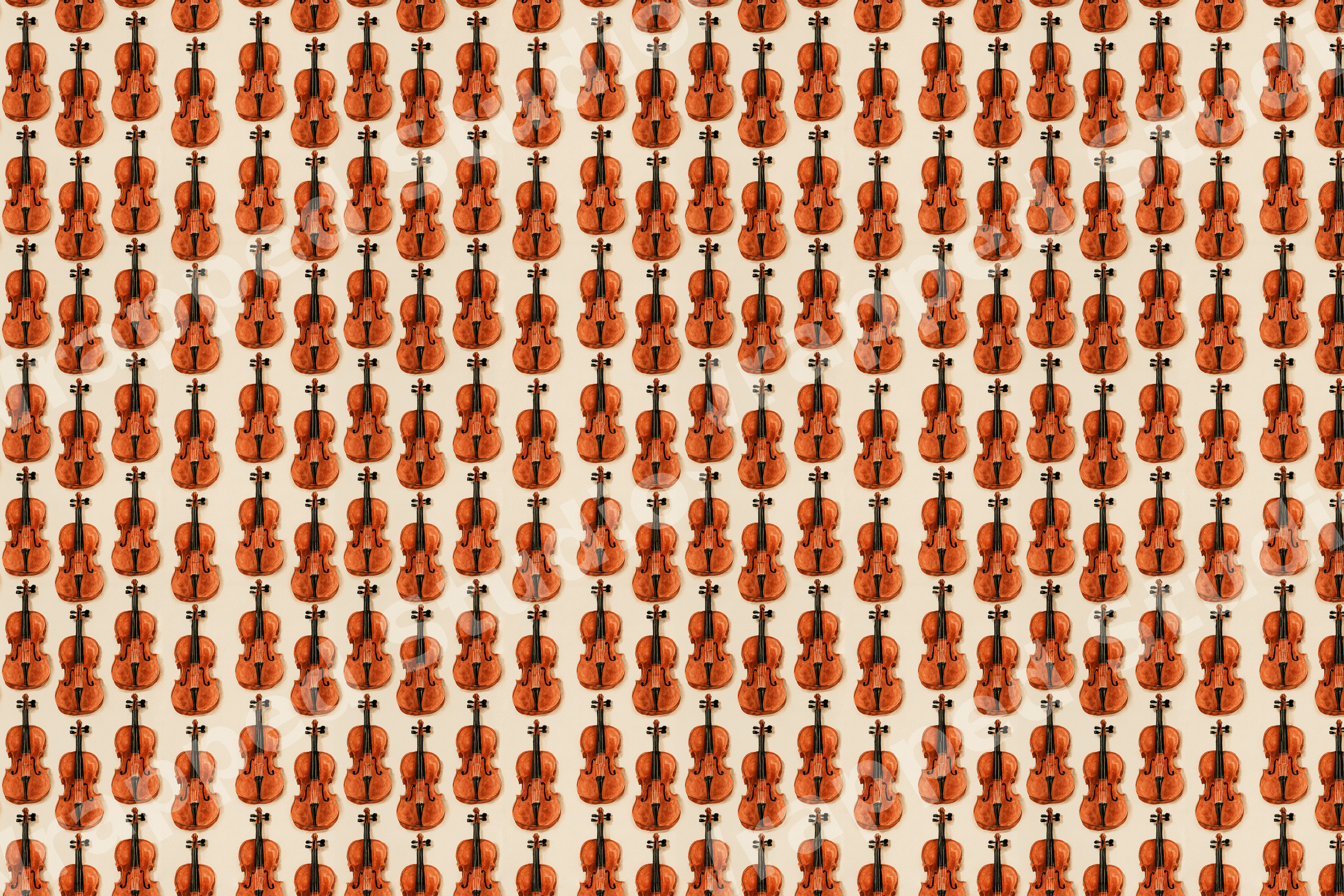 Vintage violin pattern featuring a seamless watercolor musical instrument print on a cream background.