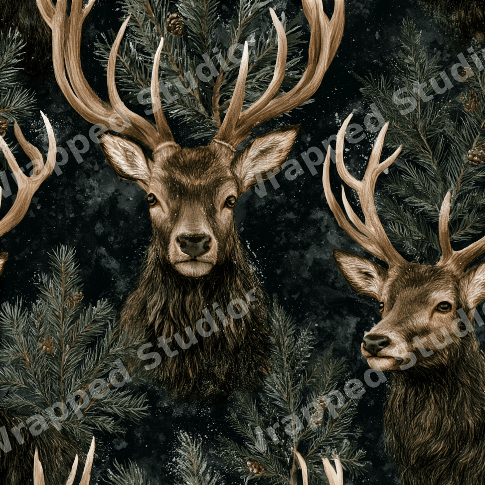 Rustic woodland deer pattern featuring vintage stag heads and pine branches on a dark background.