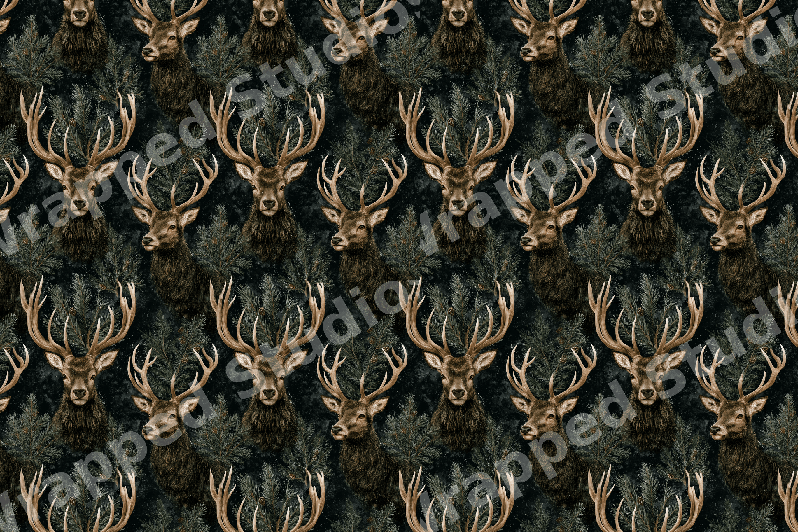 Vintage woodland pattern with rustic deer heads and pine branches on a dark forest green background.
