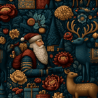 Vintage Christmas pattern featuring Santa, reindeer, and floral motifs in deep navy, rustic red, and golden yellow.