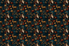 Vintage Christmas pattern with Santa, reindeer, and floral motifs in deep navy, terracotta, and gold tones.