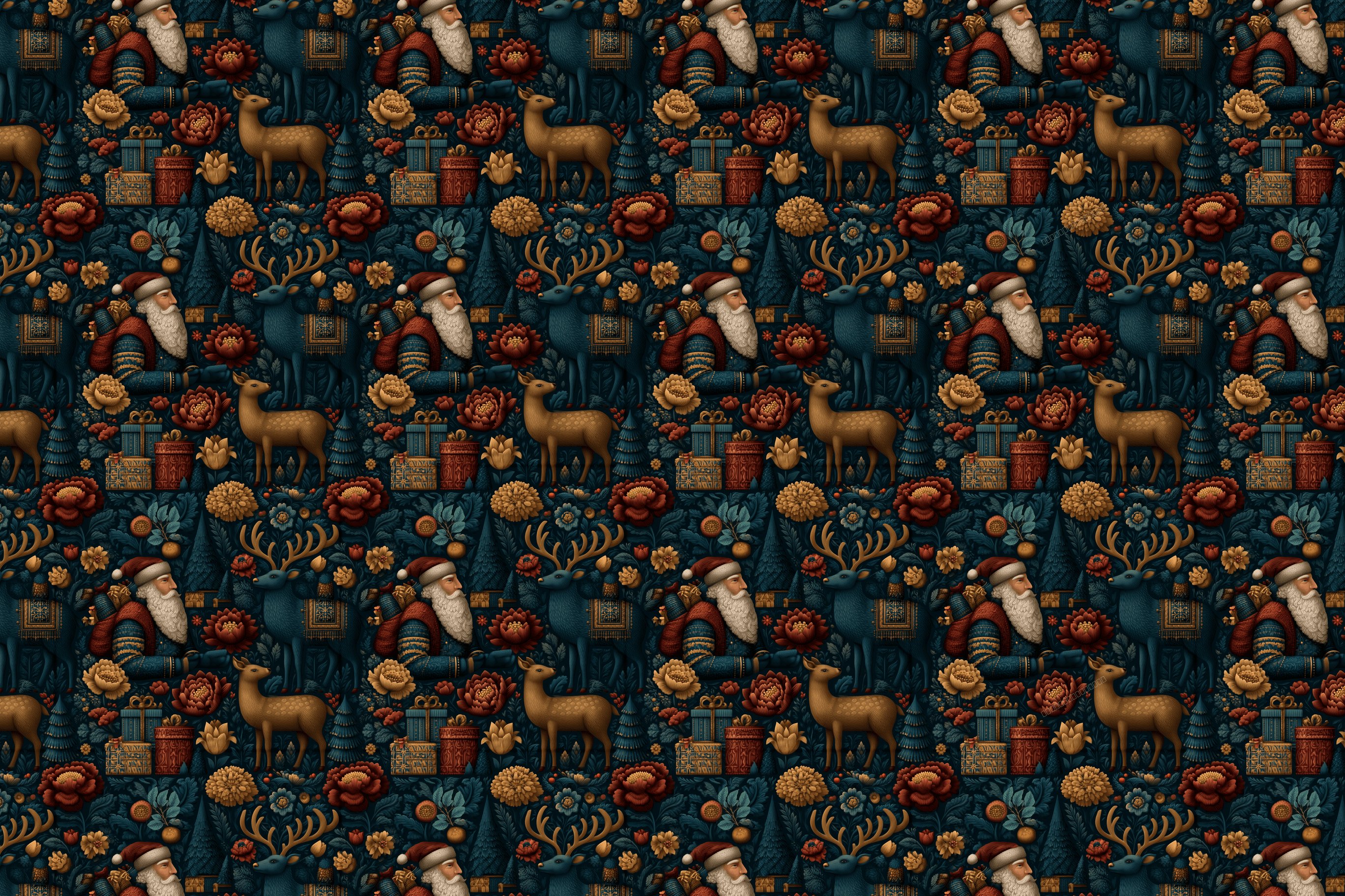 Vintage Christmas pattern with Santa, reindeer, and floral motifs in deep navy, terracotta, and gold tones.
