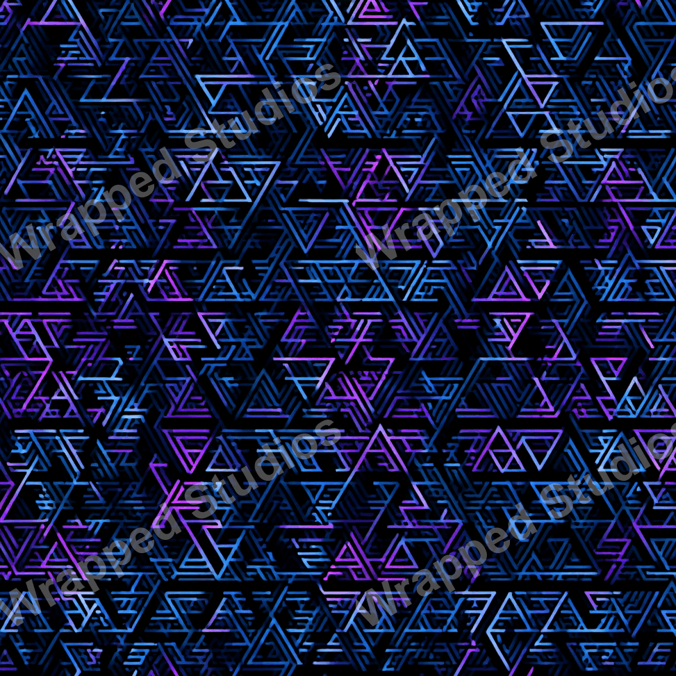 Seamless geometric pattern of lined triangles in shades of blue and purple on black.