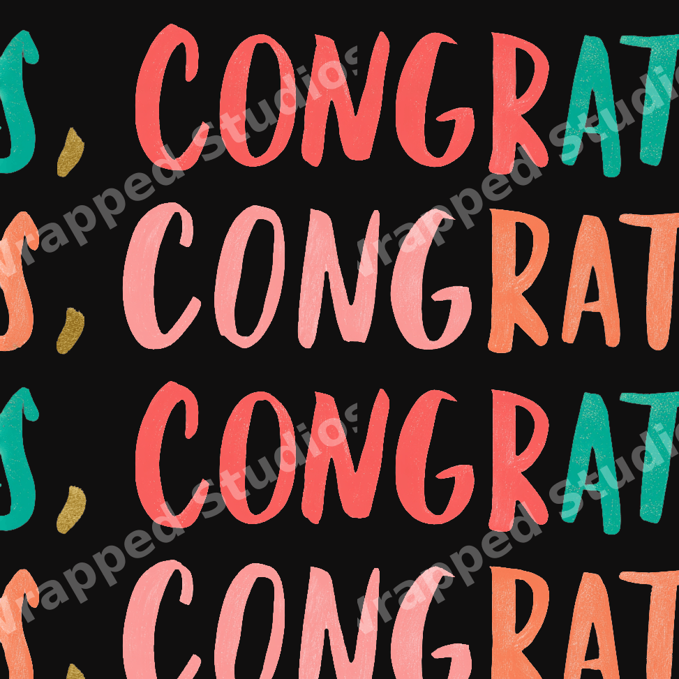Playful typography pattern featuring colorful hand-lettered congrats text on a black background.