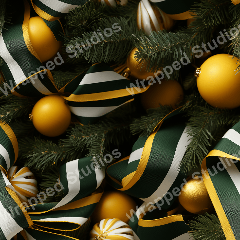 Striped pattern in dark green, gold, and white colors.