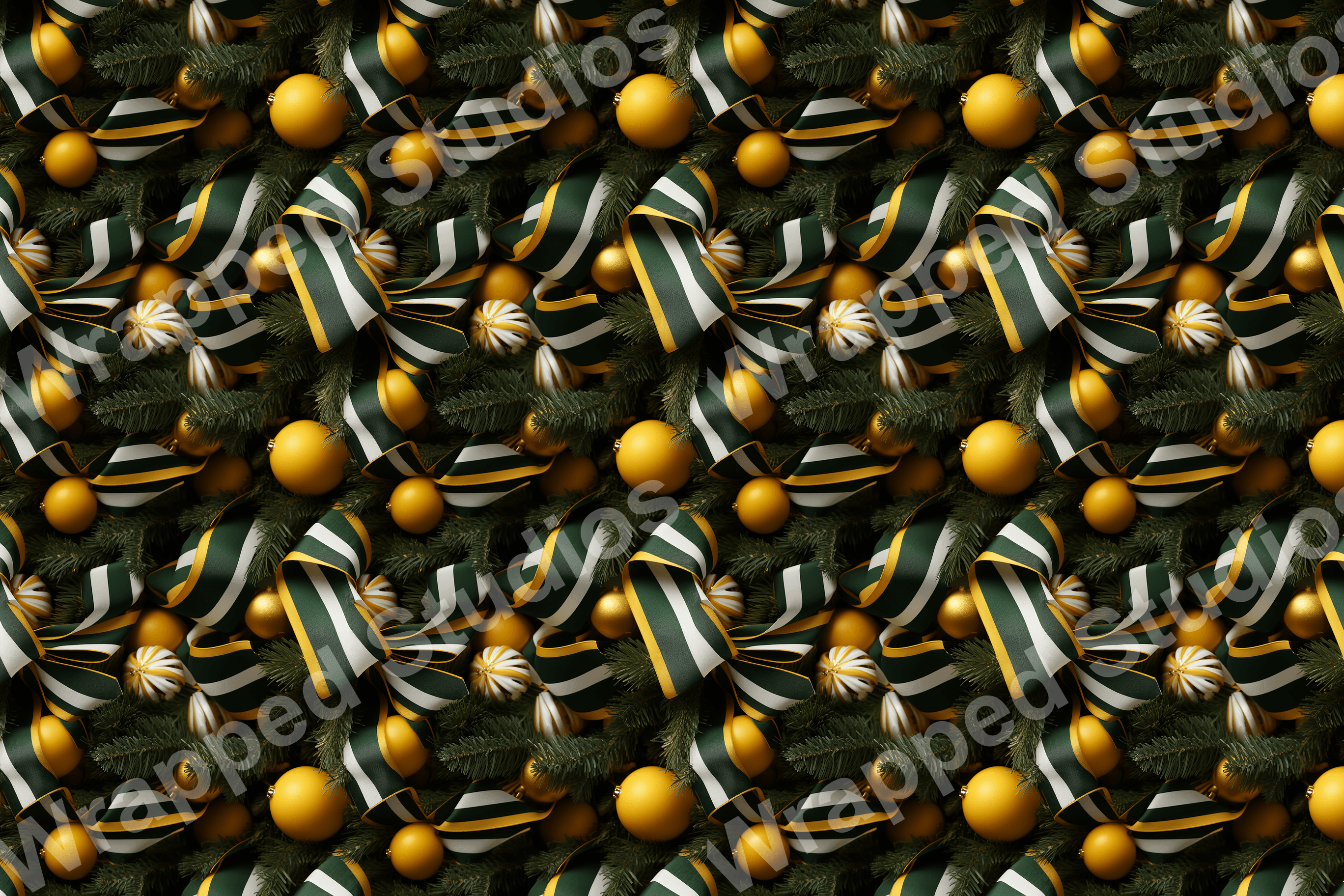 Festive Christmas pattern of striped ribbons, gold ornaments, and evergreen branches.