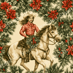 Vintage western Christmas pattern with a cowgirl riding a horse framed by red poinsettias and pine branches.