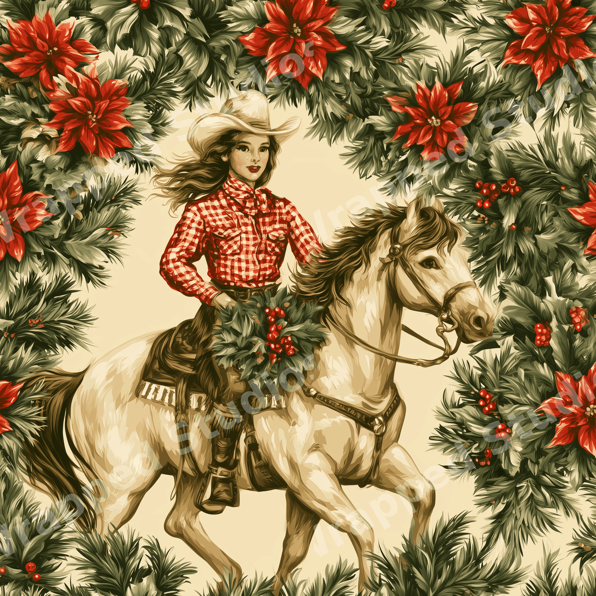 Vintage western Christmas pattern with a cowgirl riding a horse framed by red poinsettias and pine branches.