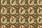 Vintage western Christmas pattern with a cowgirl riding a horse, green pine, and red poinsettias.