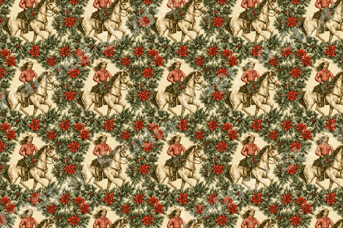 Vintage western Christmas pattern with a cowgirl riding a horse, green pine, and red poinsettias.