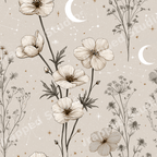 Celestial floral pattern featuring vintage botanical wildflowers, crescent moons, and stars.