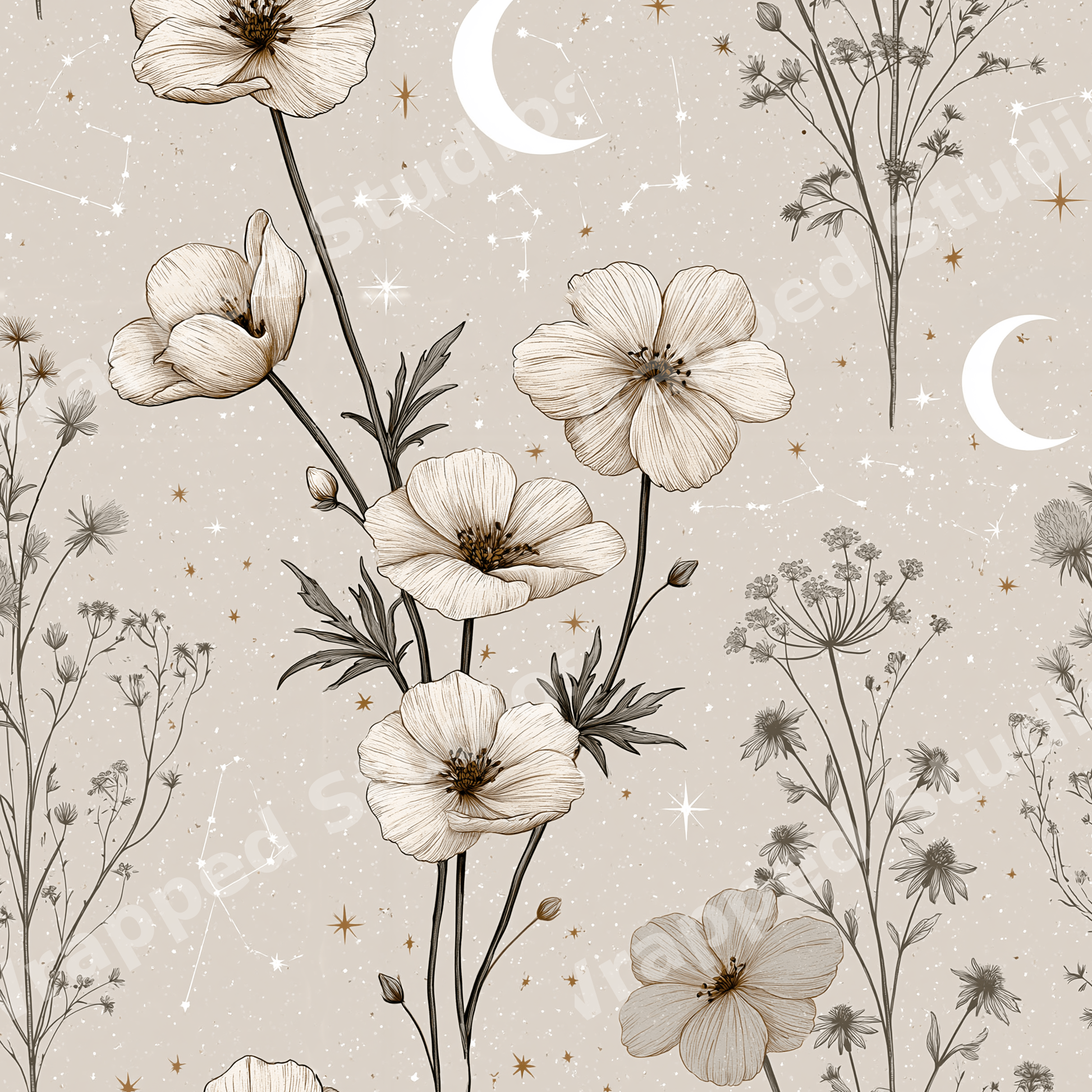 Celestial floral pattern featuring vintage botanical wildflowers, crescent moons, and stars.