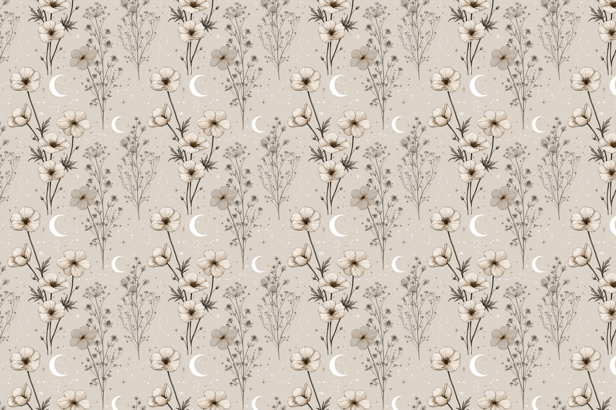 Cosmic Cream: Celestial Floral Wrapping Paper