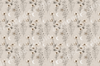 Celestial floral pattern with vintage botanical sketches, crescent moons, and stars on a beige background.