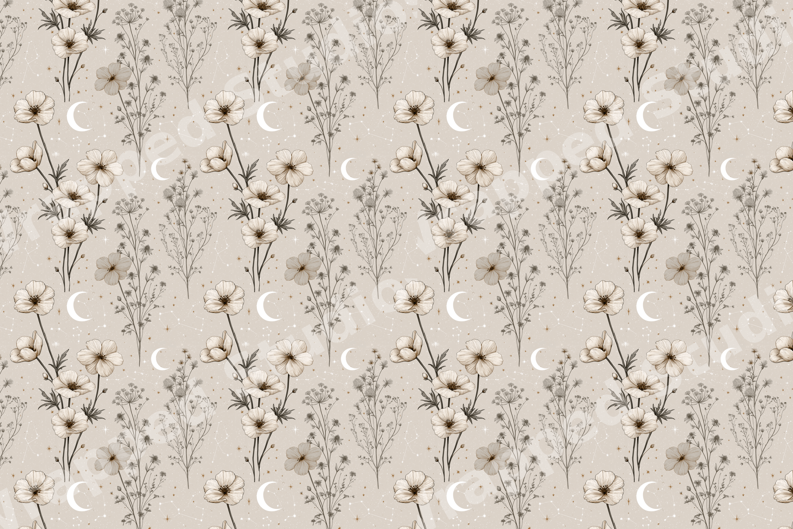 Celestial floral pattern with vintage botanical sketches, crescent moons, and stars on a beige background.
