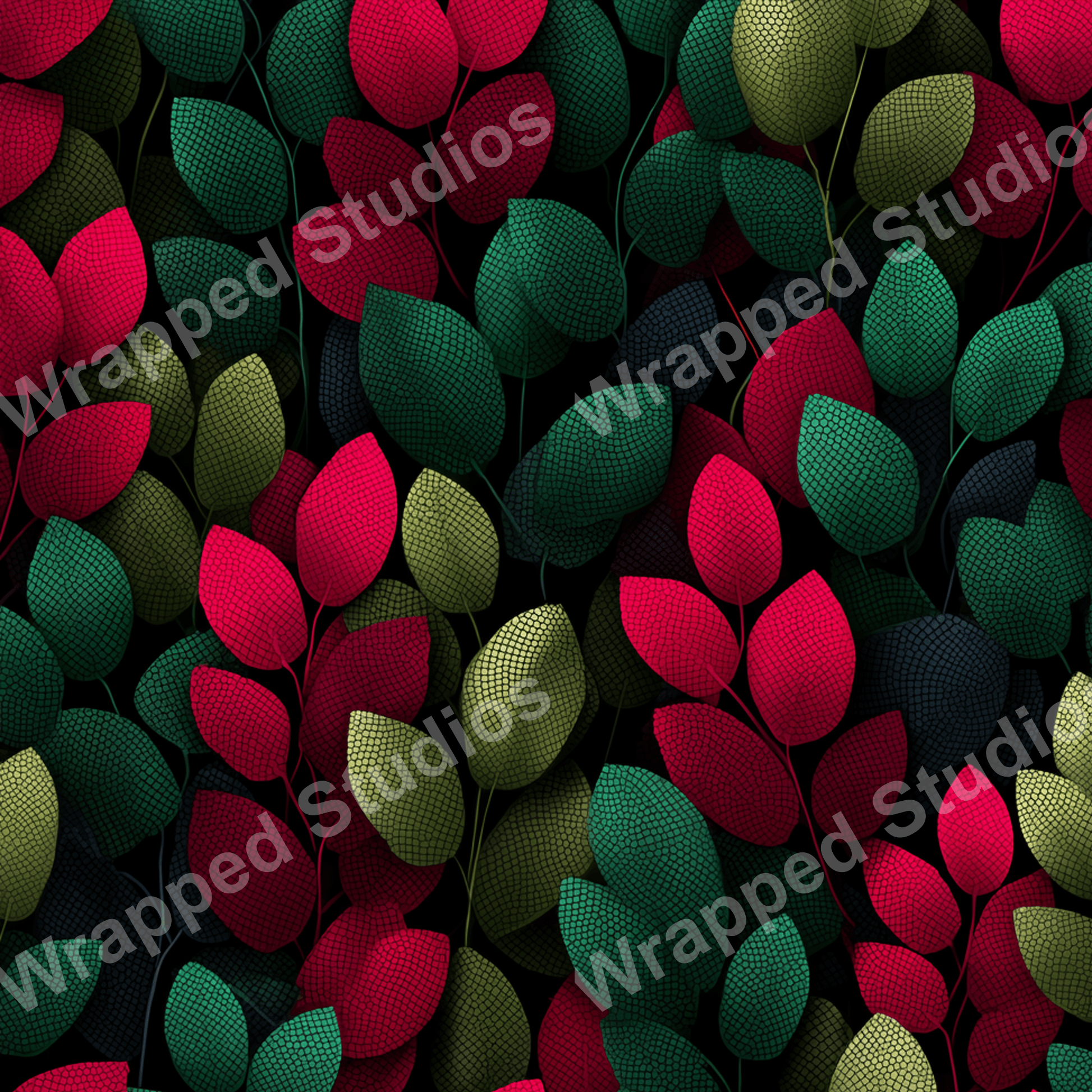 Seamless leaf pattern with textured red, green and yellow tones on a dark background.