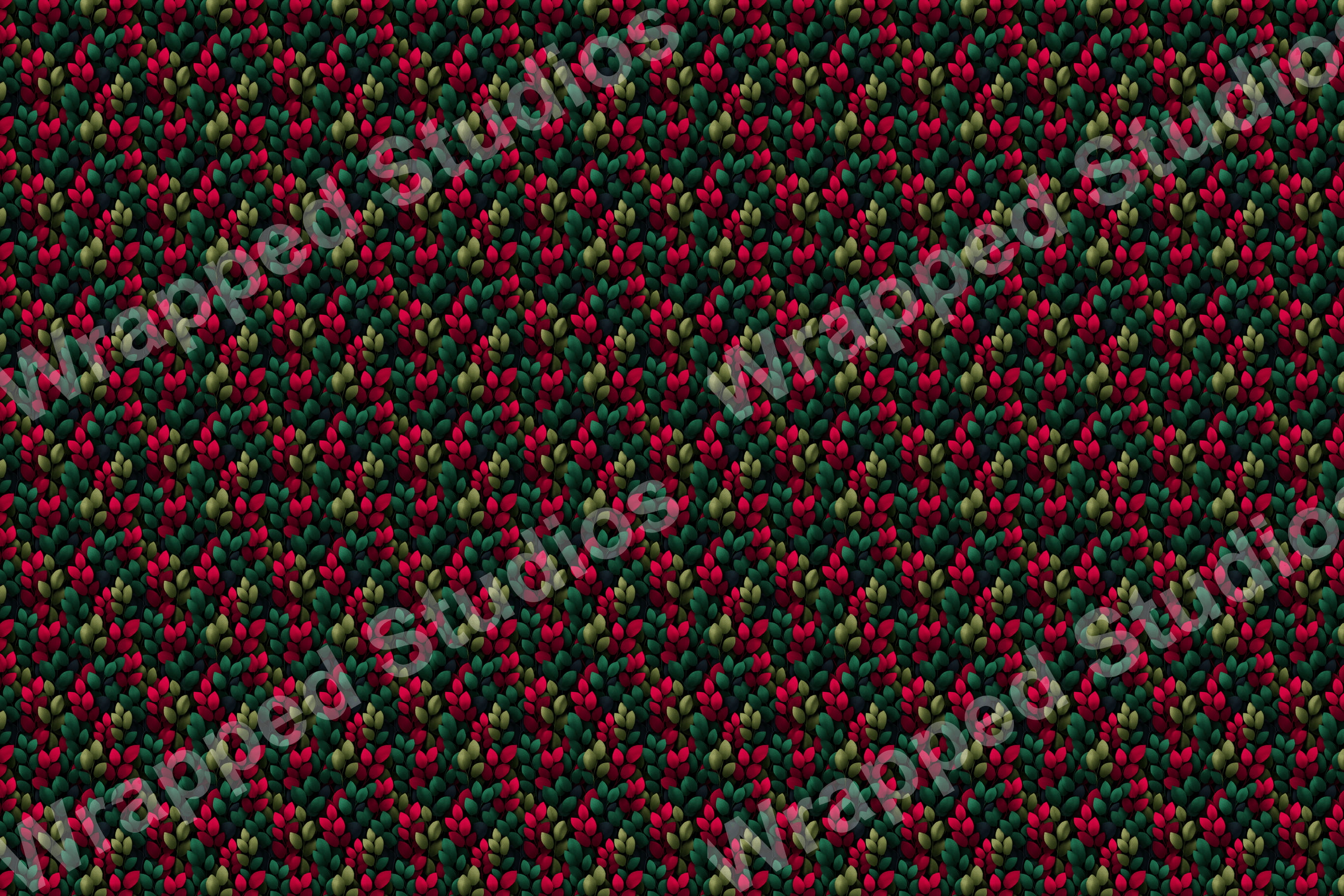 Dense botanical pattern of red and green leaves creates a textured leafy effect.