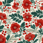 Elegant floral pattern with bold red flowers, green leaves, and small red berries on a light background.