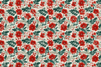 All-over floral pattern with deep red flowers, berries, and sage green leaves on a light cream background.