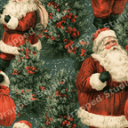 Vintage Santa Claus pattern with traditional Christmas trees and red berries on forest green.