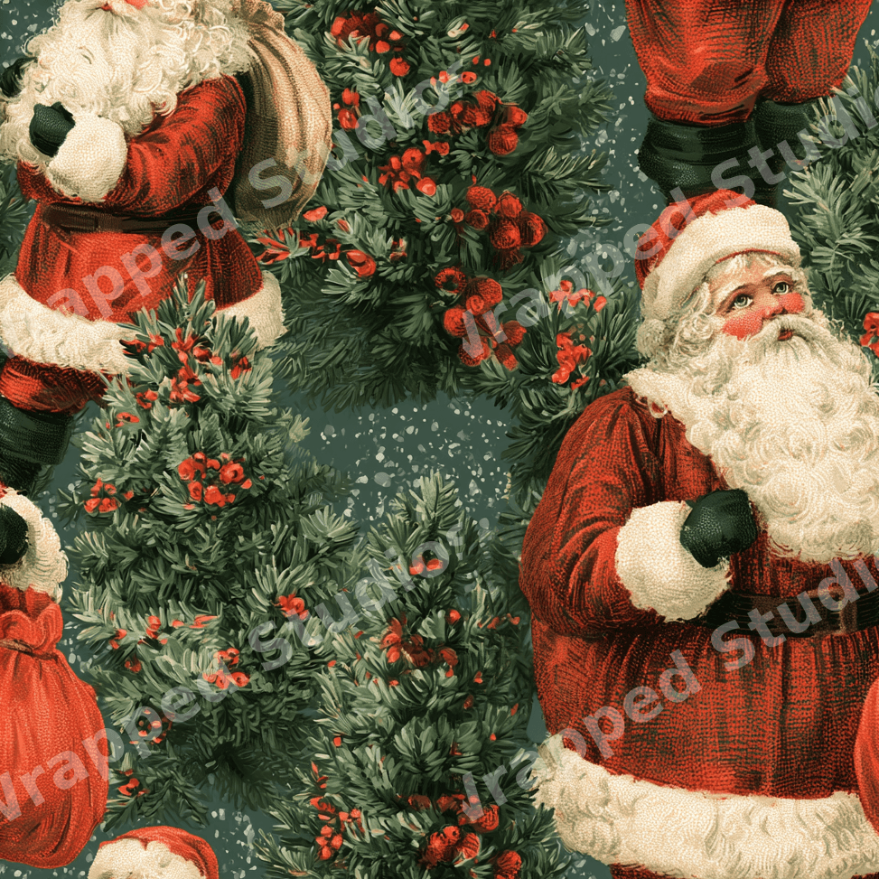 Vintage Santa Claus pattern with traditional Christmas trees and red berries on forest green.
