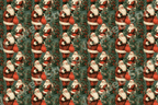 Vintage Santa Claus Christmas pattern with evergreen pine branches and red berries on dark green.
