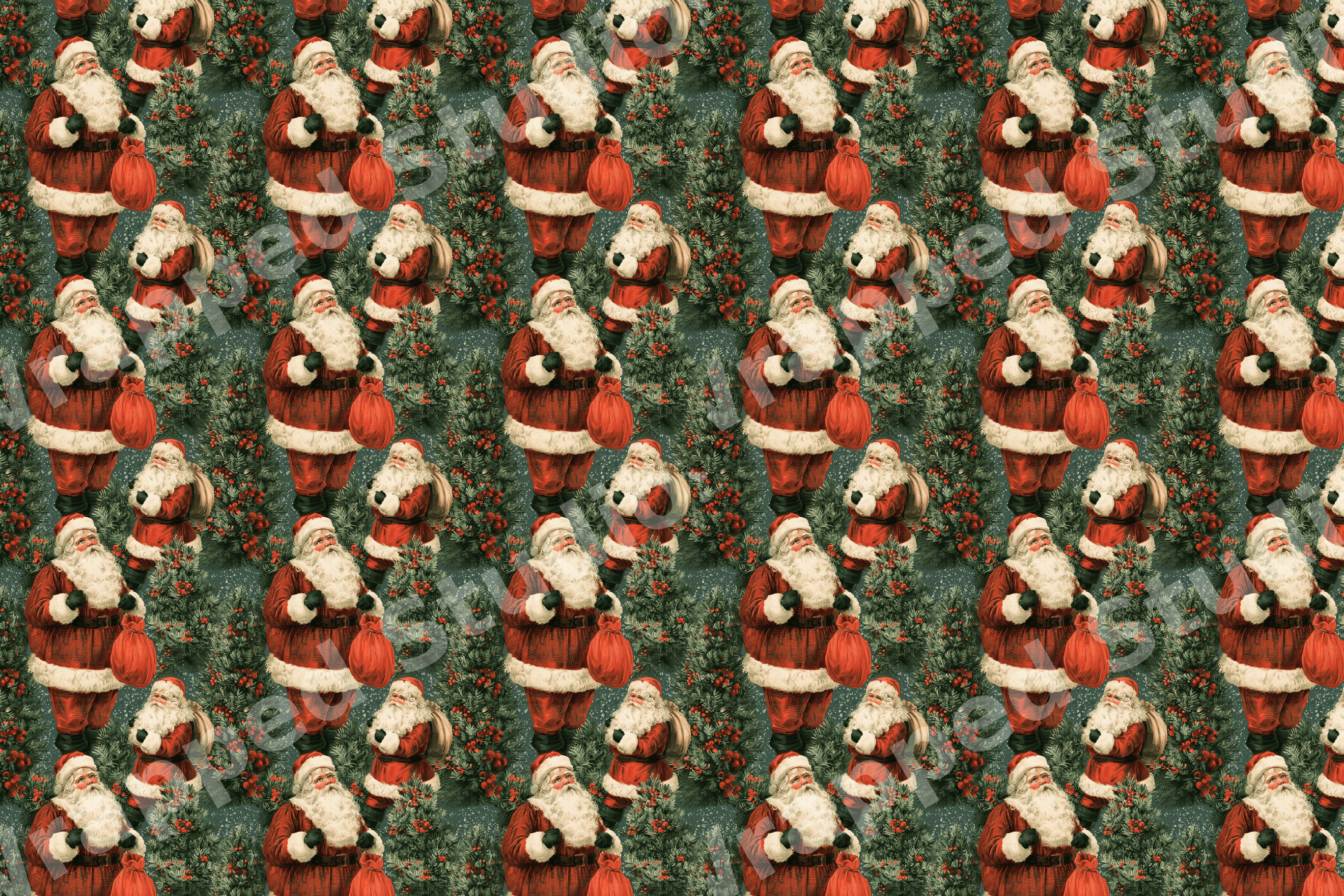 Vintage Santa Claus Christmas pattern with evergreen pine branches and red berries on dark green.