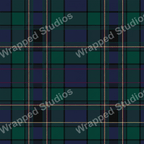 Classic tartan plaid pattern in deep green and navy with fine gold and red stripes.