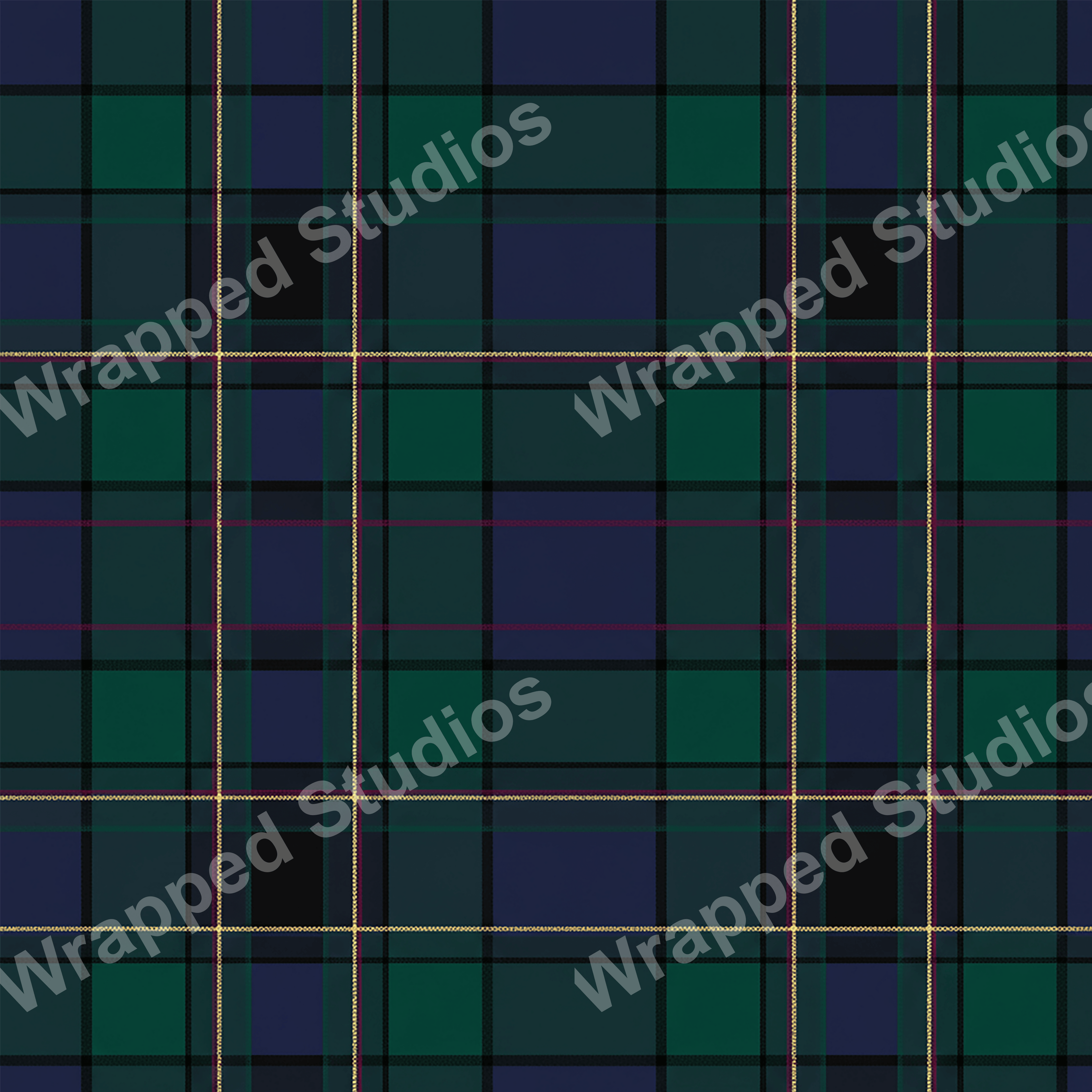 Classic tartan plaid pattern in deep green and navy with fine gold and red stripes.