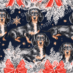 Festive dachshund holiday pattern with black and tan dogs, snowy pine branches, and red bows on navy blue.