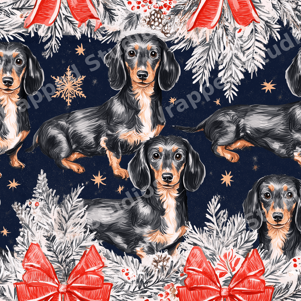 Festive dachshund holiday pattern with black and tan dogs, snowy pine branches, and red bows on navy blue.