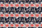 Festive dachshund Christmas pattern with black and tan dogs, red bows, and white pine on a dark navy background.