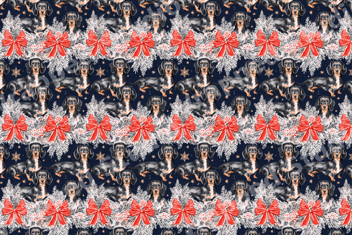 Festive dachshund Christmas pattern with black and tan dogs, red bows, and white pine on a dark navy background.