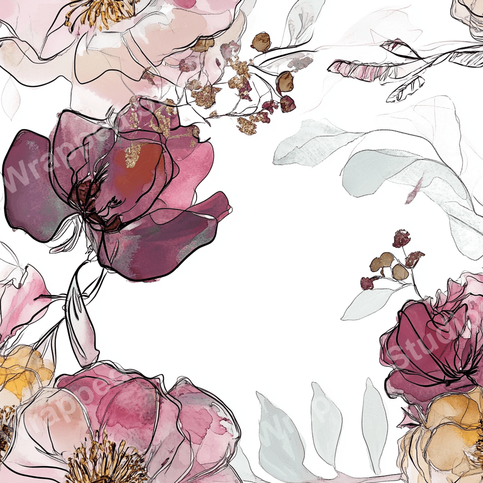 Elegant floral pattern with watercolor-style roses, leaves and delicate black line art accents.