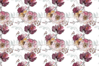 Watercolor floral pattern with sketched outlines in shades of burgundy, pink, and gold.