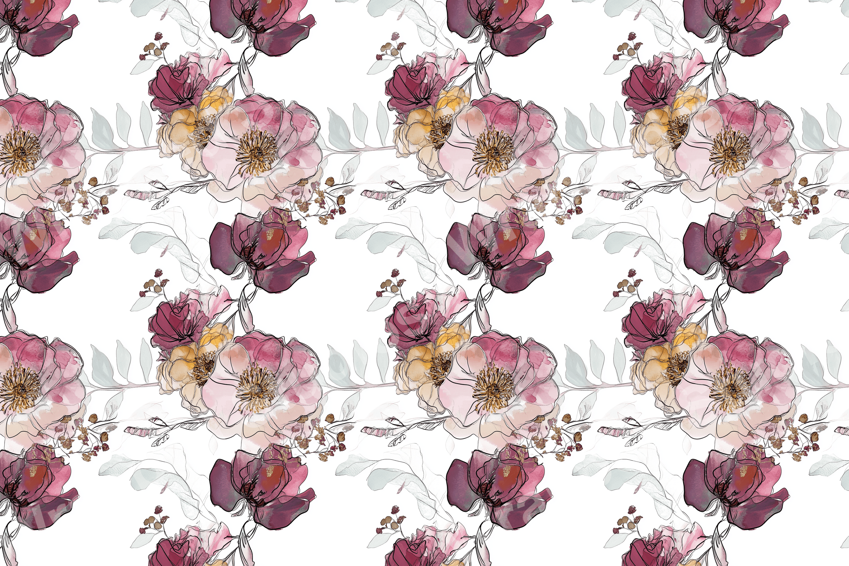 Watercolor floral pattern with sketched outlines in shades of burgundy, pink, and gold.