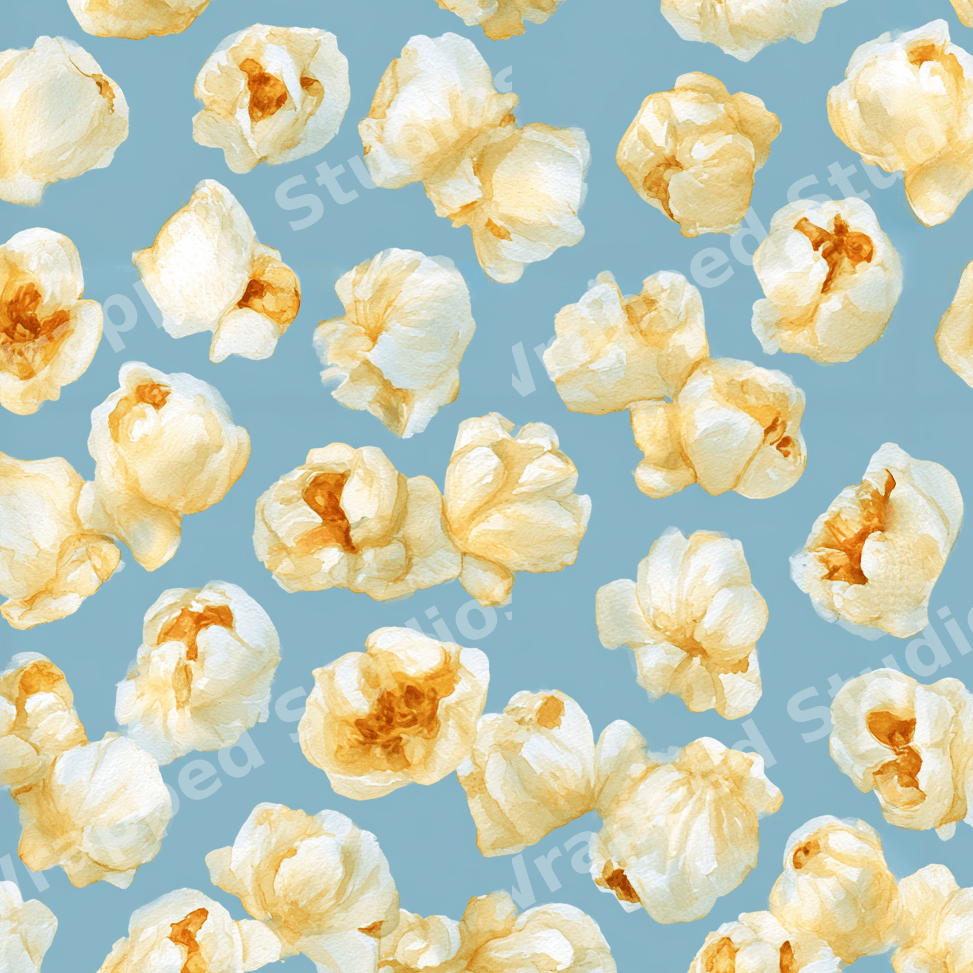 Playful watercolor popcorn seamless pattern with butter yellow kernels on a muted blue background.