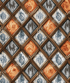 Rustic geometric pattern of wooden trellis diamonds with orange wood grain and blue cracked stone textures.