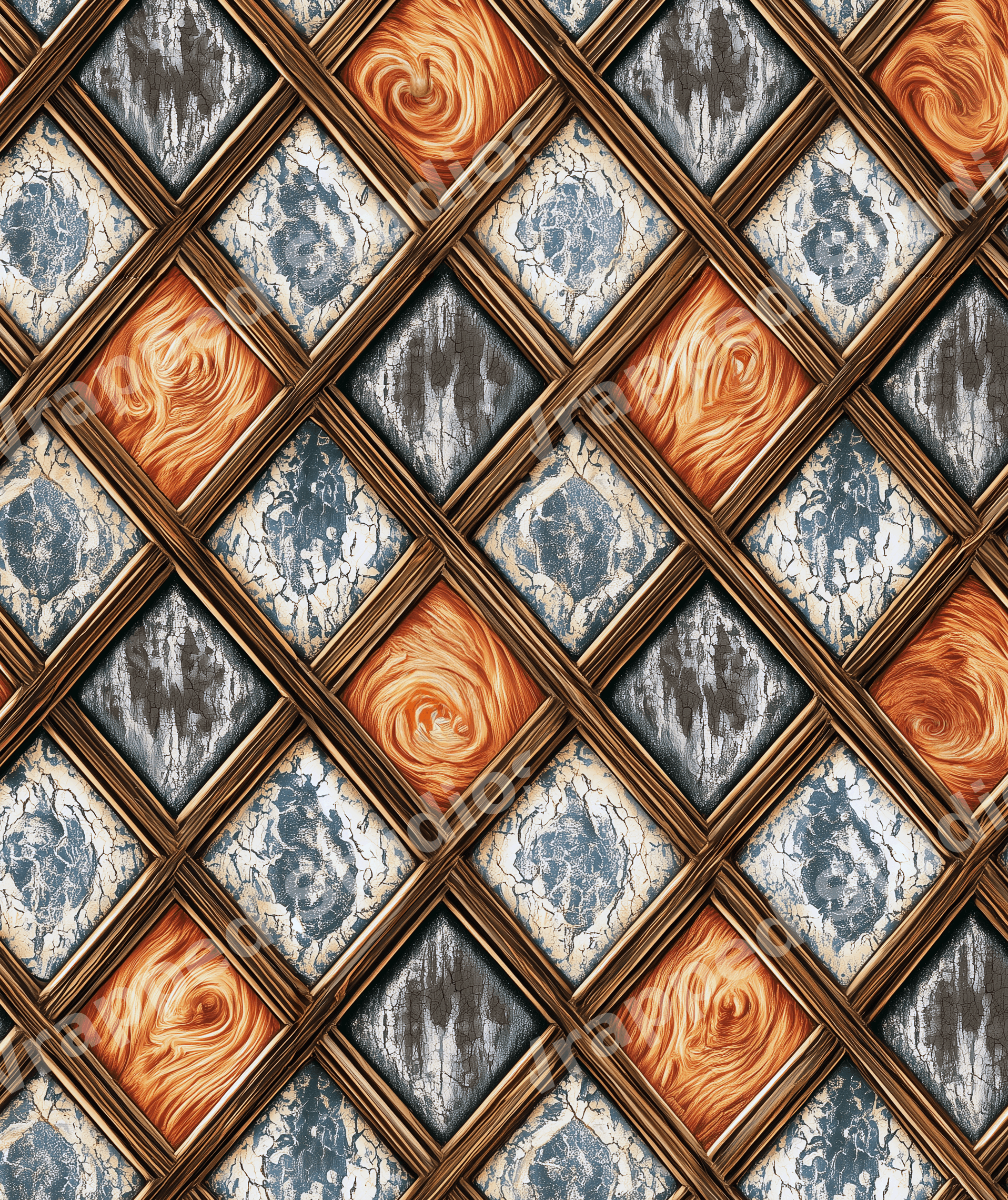 Rustic geometric pattern of wooden trellis diamonds with orange wood grain and blue cracked stone textures.