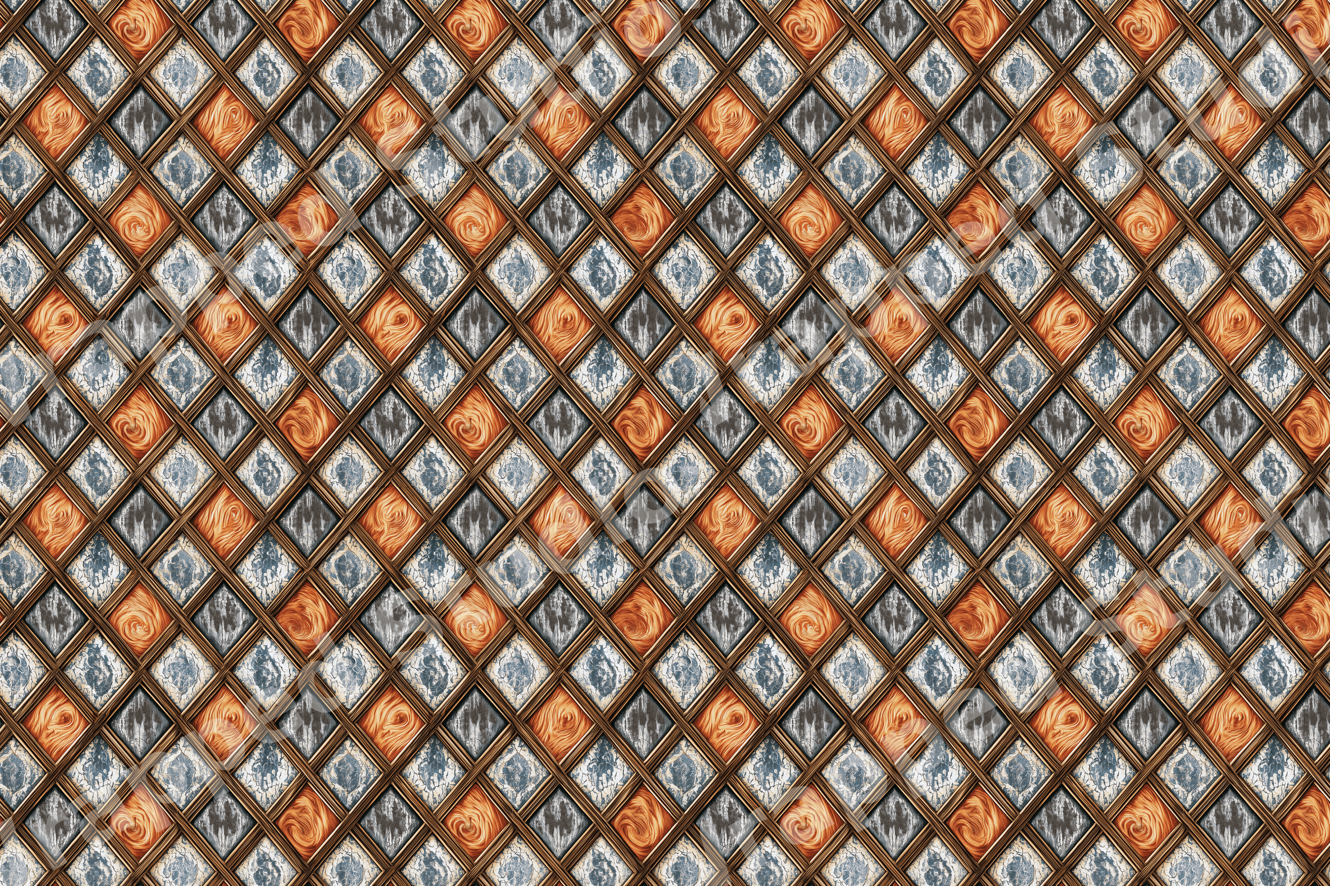 Rustic geometric diamond pattern with textured orange wood grain and distressed blue-grey marble tiles.