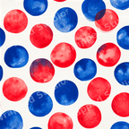 Seamless watercolor polka dot pattern featuring playful red and blue hand-painted circles.