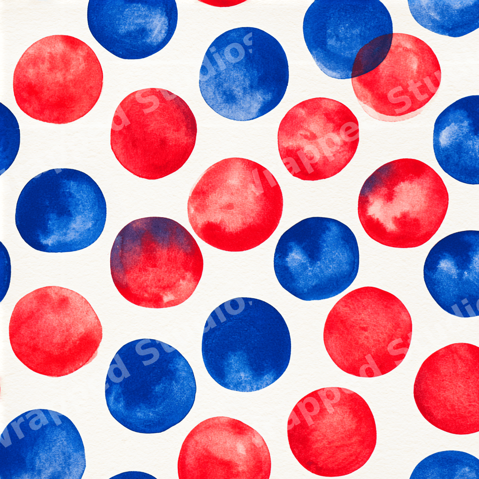 Seamless watercolor polka dot pattern featuring playful red and blue hand-painted circles.